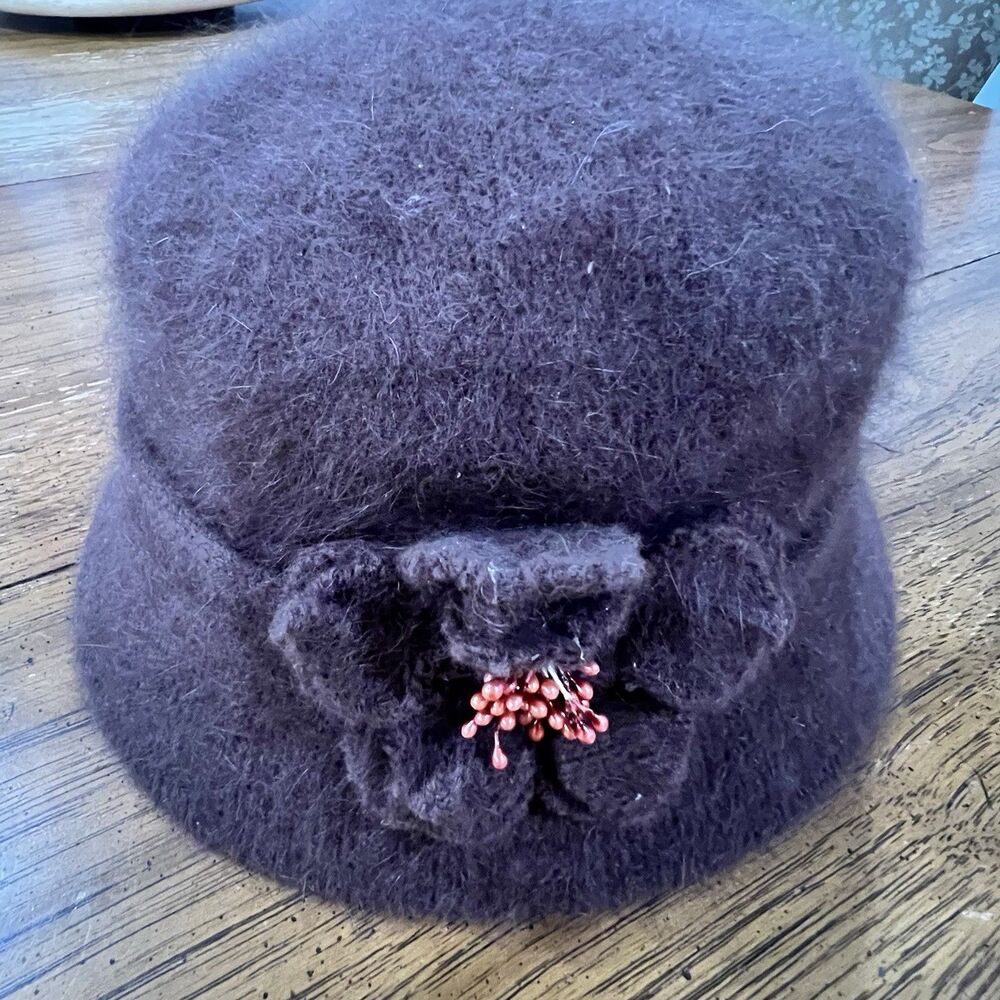 Vintage Cappelli Strawworld Inc WomensBrown Angora Blend Fuzzy Bucket Hat Flower